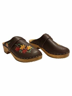 Tessa Swedish Clogs Vintage Hand-Painted Floral Leather Wood Size US 6.5-7